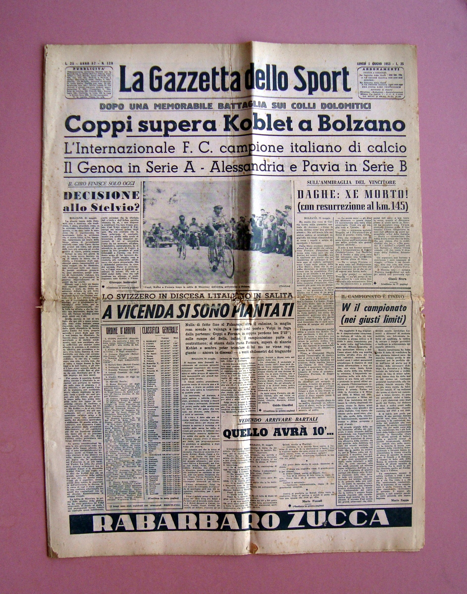 Coppi supera Koblet a Bolzano 1/6/1953 La Gazzetta dello Sport …