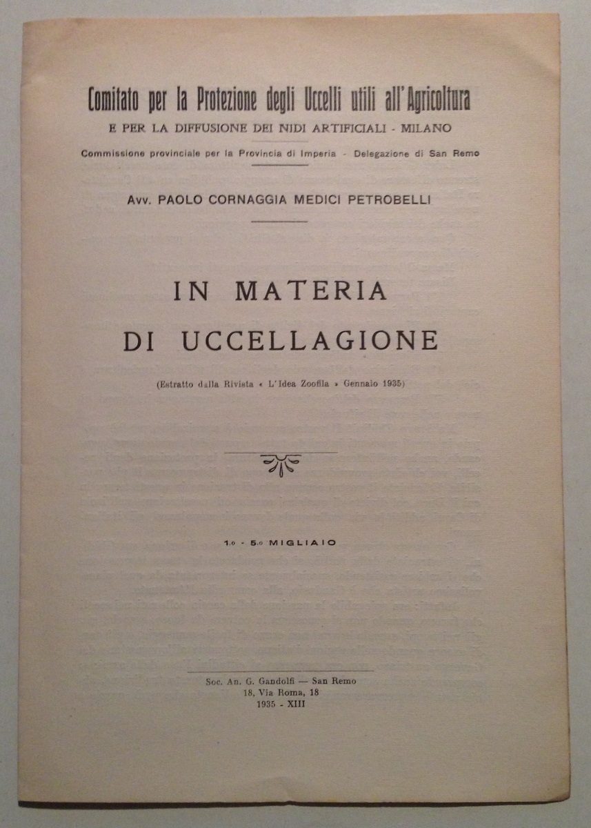 Cornaggia Medici Petrobelli In Materia di Uccellagione Gandolfi San Remo …