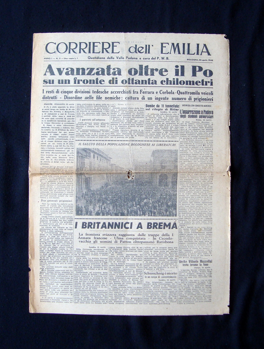 Corriere dell'Emilia 26 04 1945 Avanzata oltre il Po Saluto …