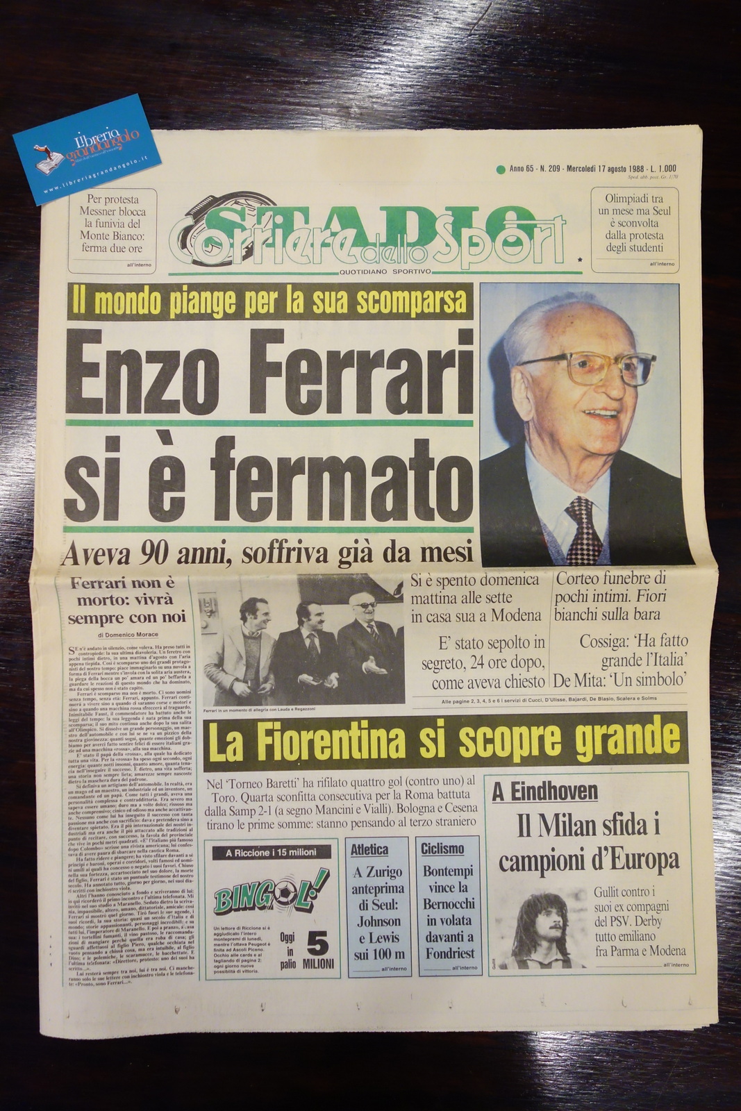 CORRIERE DELLO SPORT MORTE ENZO FERRARI SI E' FERMATO 17/8/1988 …