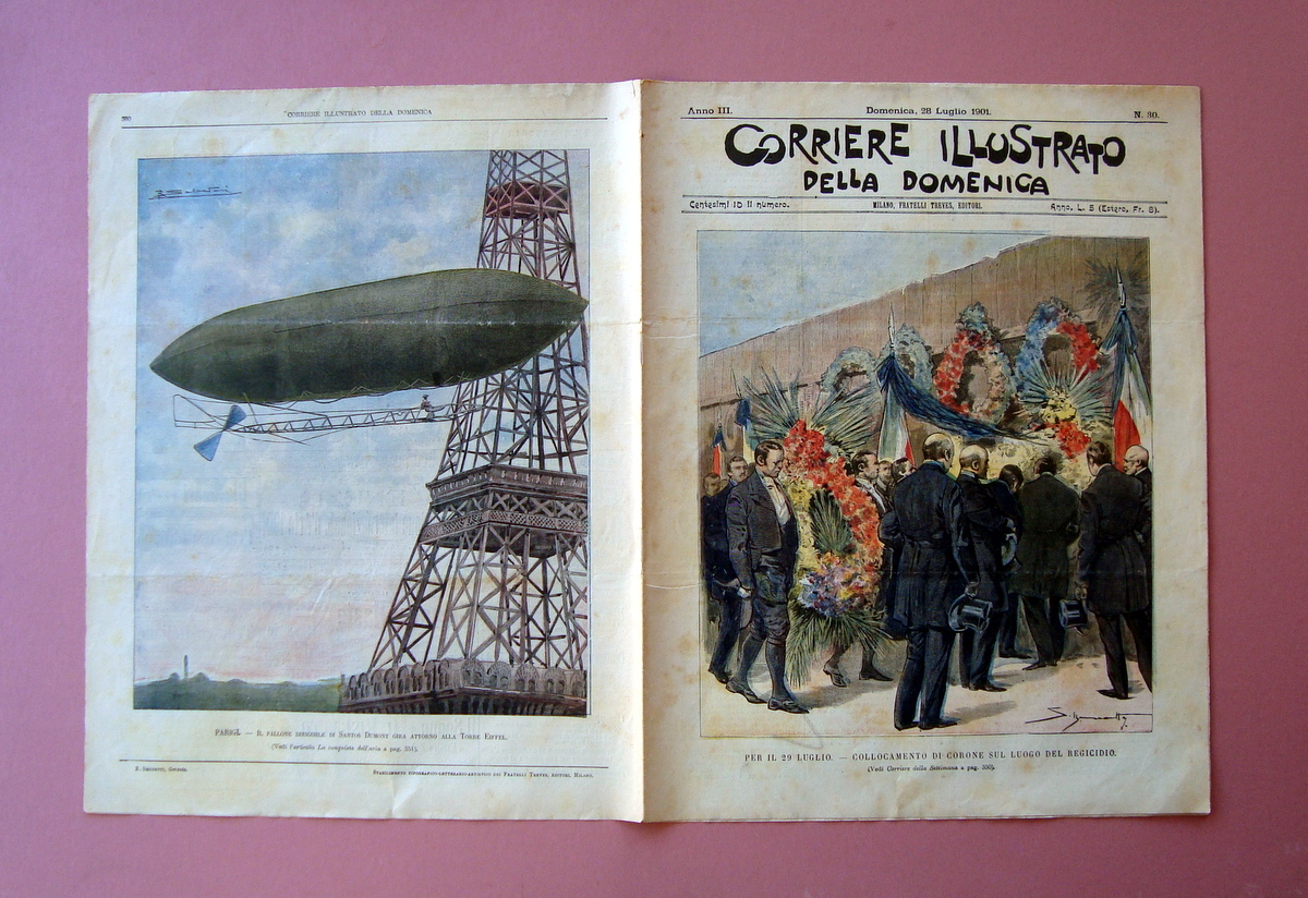 Corriere Illustrato Domenica n.30 1901 Parigi Dirigibile Dumont Regicidio