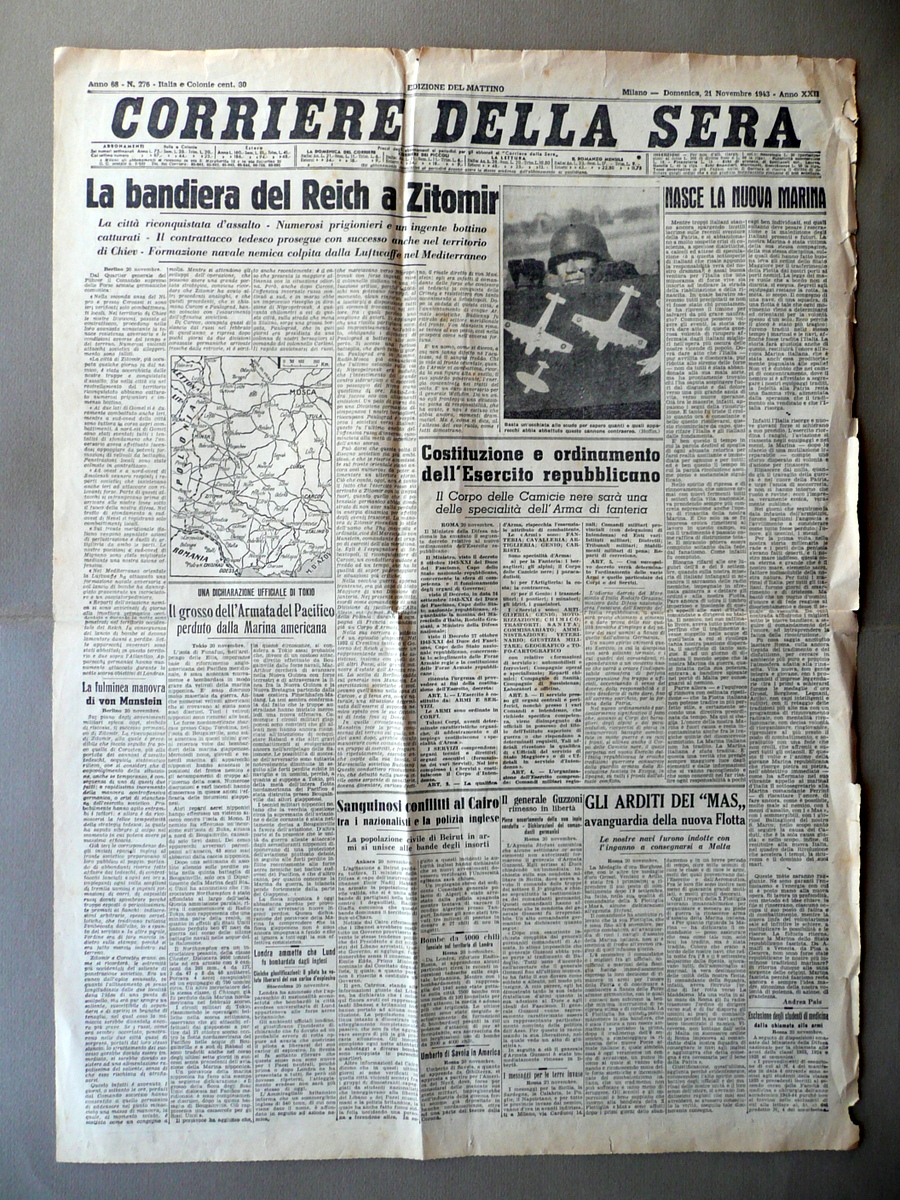 Costituzione e Ordinamento Esercito Repubblicano Corriere della Sera 21/11/1943