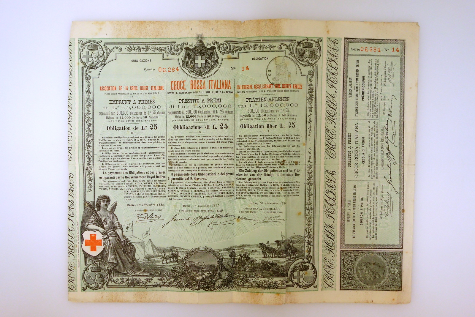 Croce Rossa Italiana Obbligazione L. 25 Prestito a Premi 1885 …