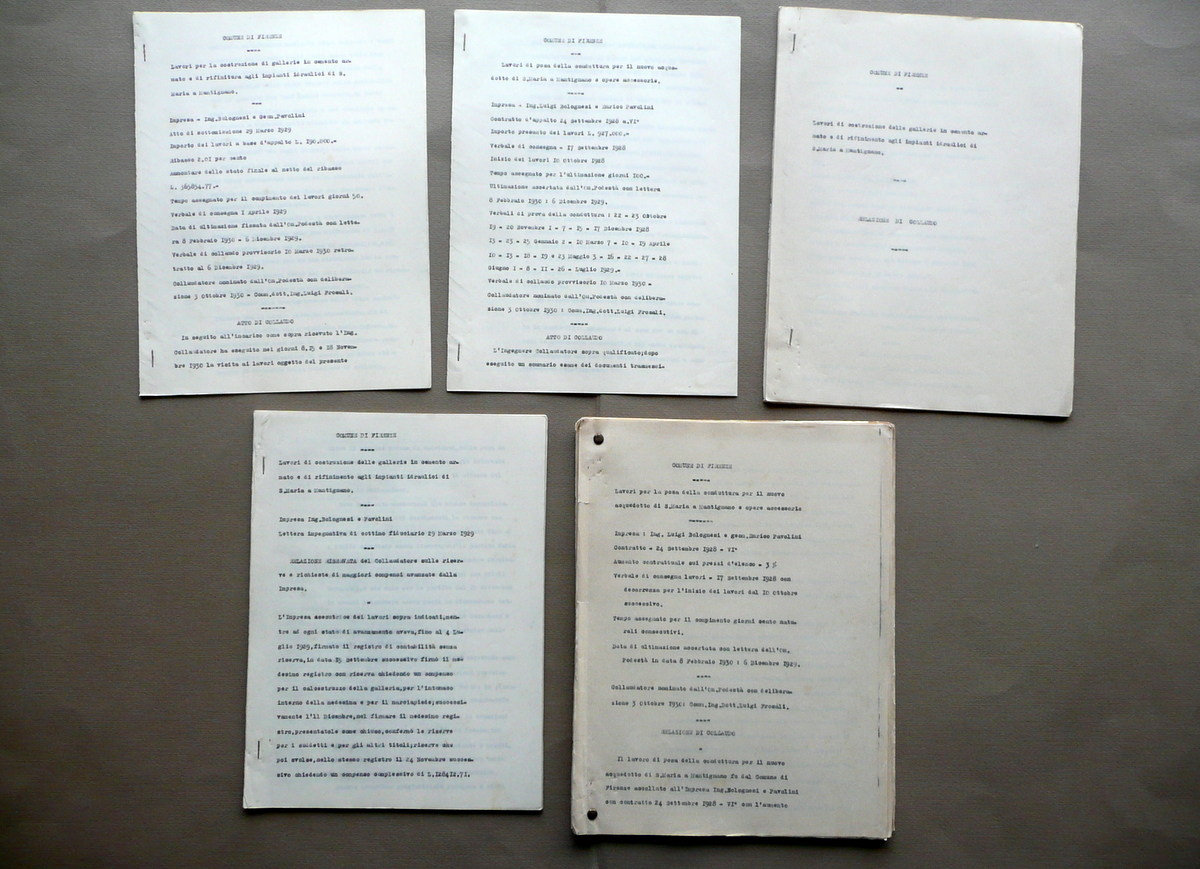 Dattiloscritti Nuovo Acquedotto S. Maria a Mantignano Firenze Relazioni 1930