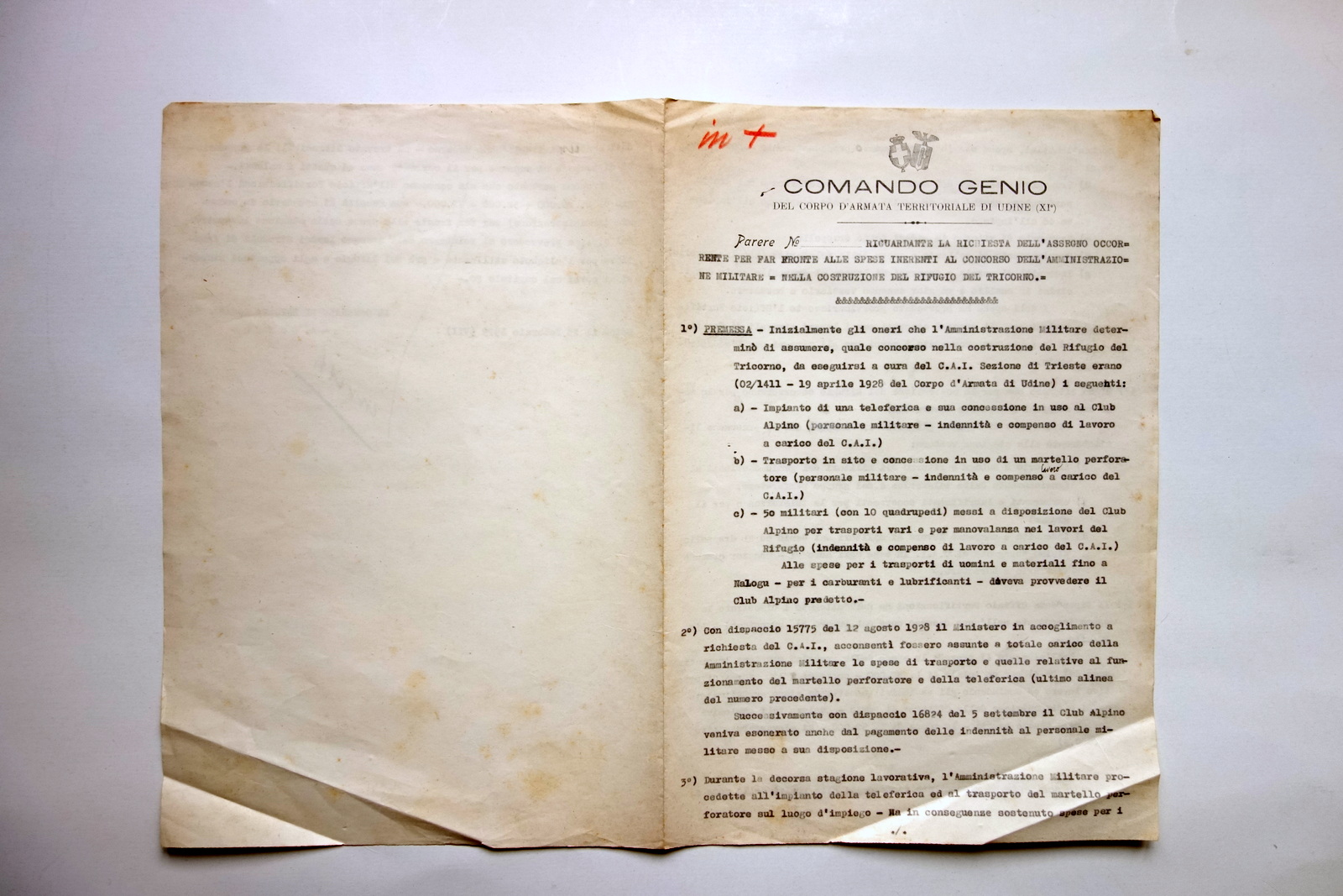 Dattiloscritto Comando Genio Udine Costruzione Rifugio Tricorno CAI Trieste 1929