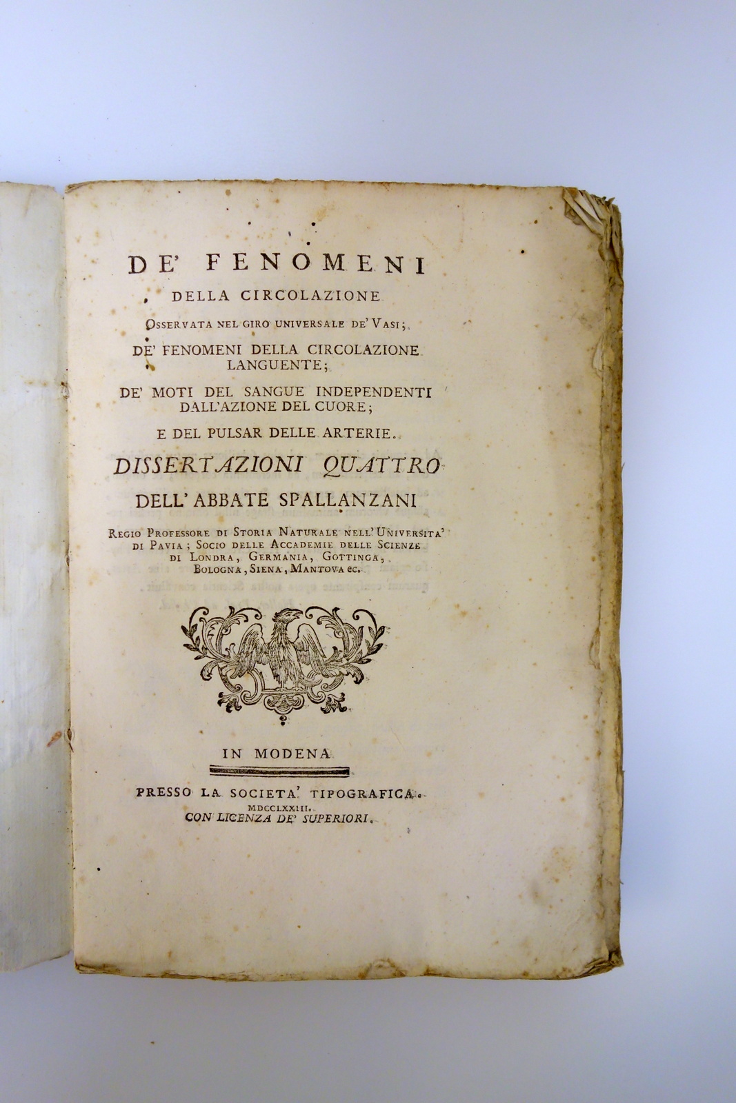 De' Fenomeni della Circolazione Dissertazioni Quattro Spallanzani Modena 1773