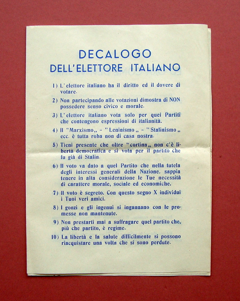 Decalogo dell'Elettore Italiano Anticomunismo Modena Elezioni Tip Modenese