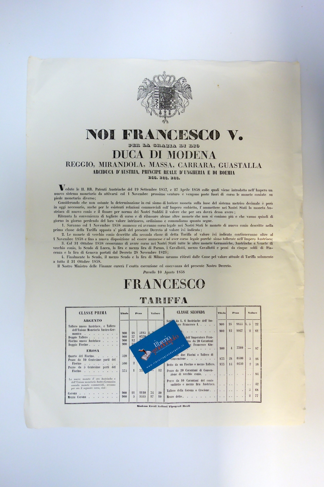 Decreto Francesco V Duca di Modena Monete Immissione e Cessazione …