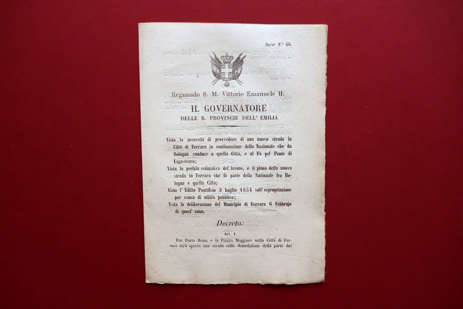 Decreto Governatore Farini Costruzione Strada di San Martino Ferrara 1860