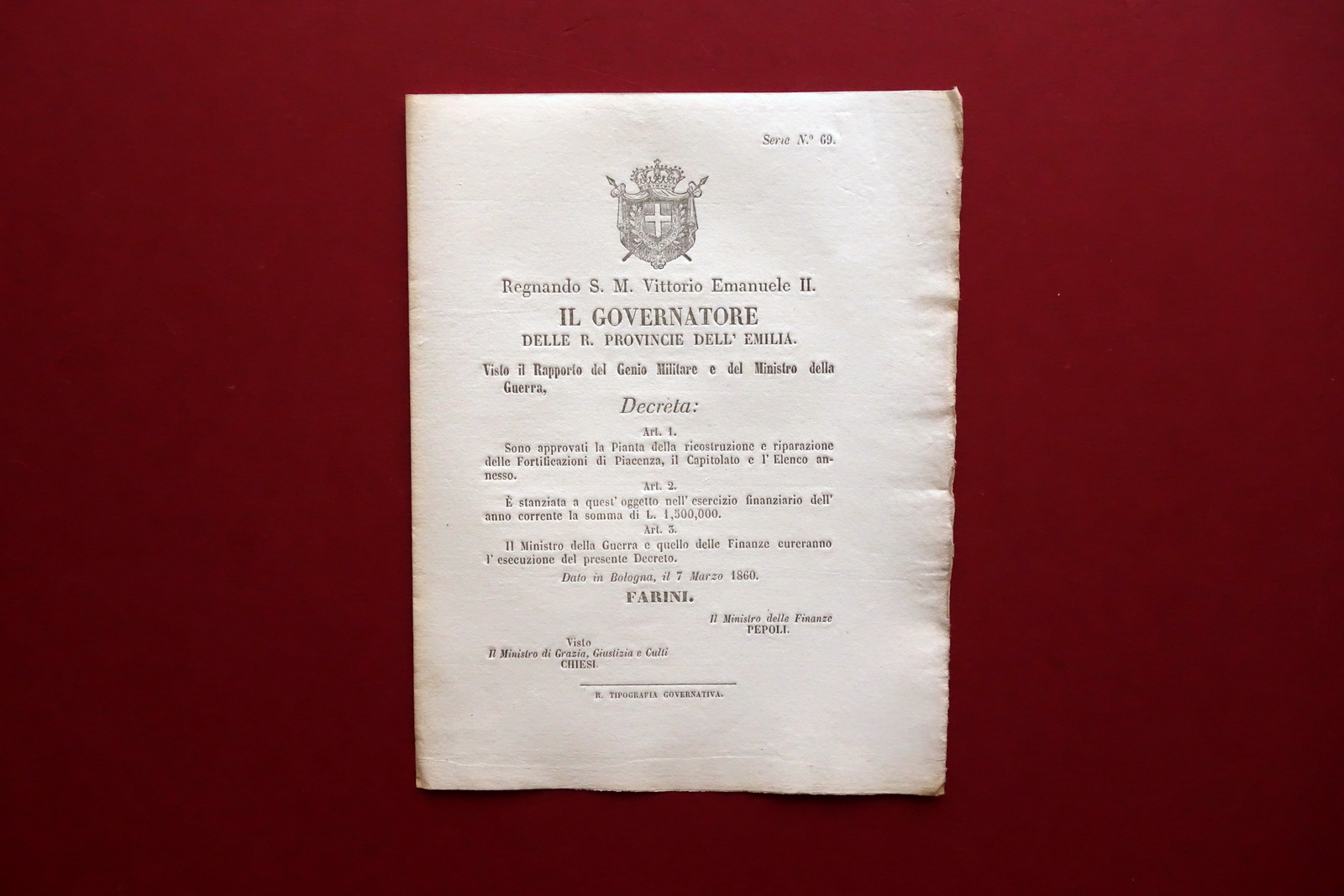 Decreto Governatore Farini Riparazione Fortificazioni di Piacenza 1860