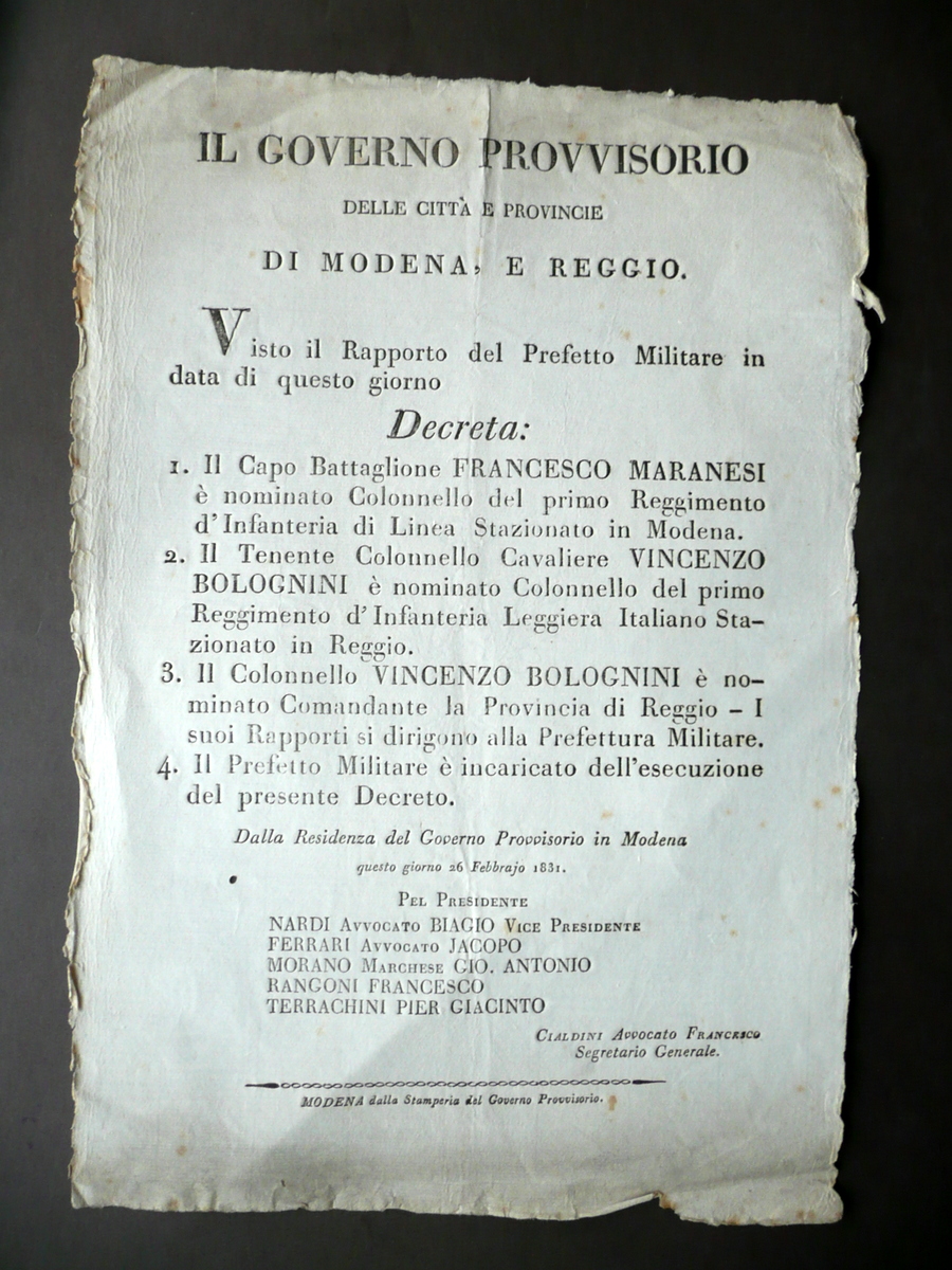 Decreto Governo Provvisorio di Modena e Reggio Nomine Cariche Militari …
