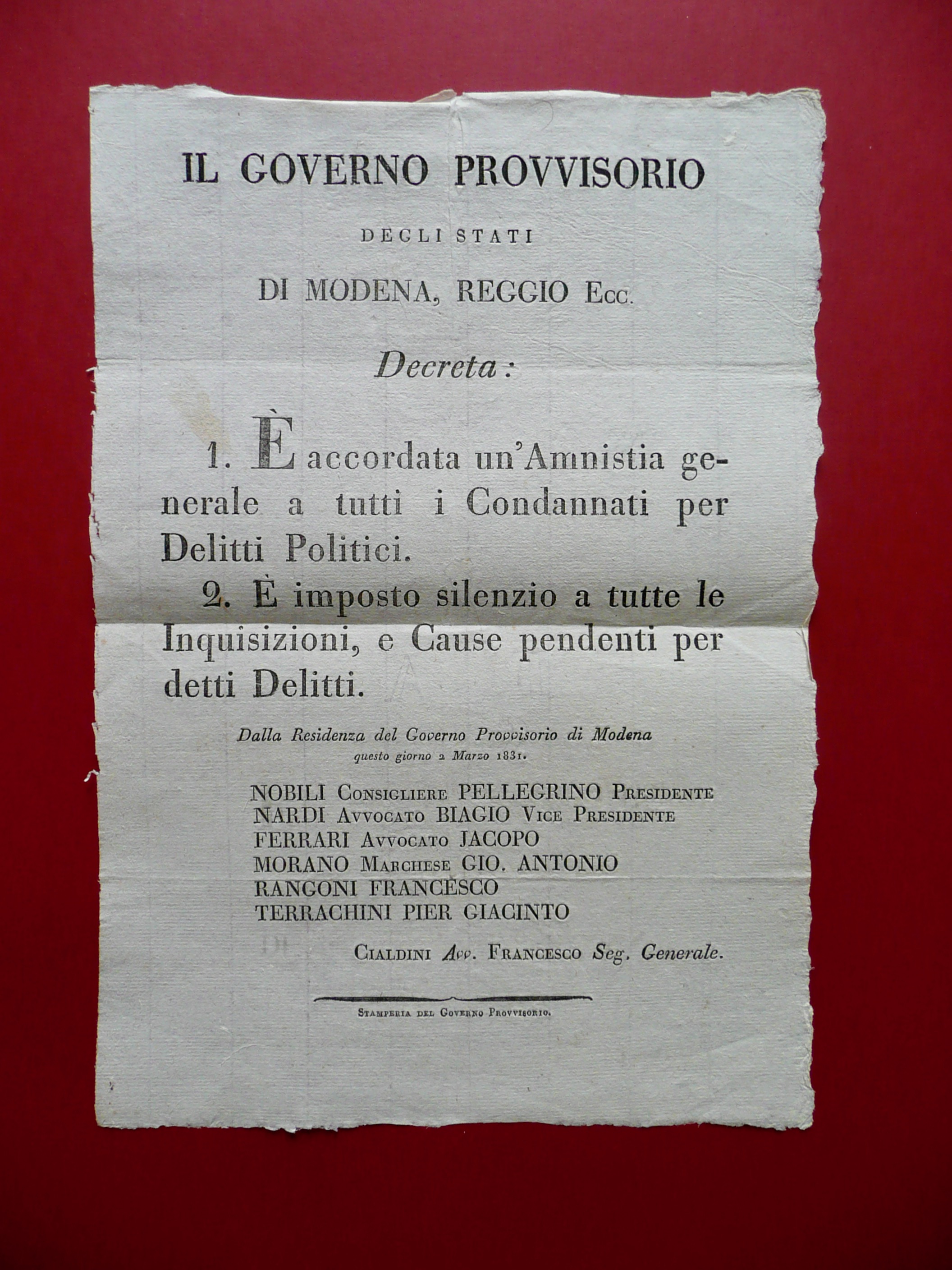 Decreto Governo Provvisorio Modena Reggio Amnistia Delitti Politici 1831