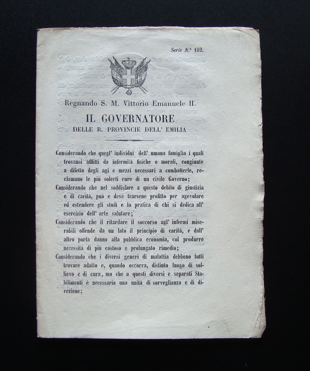 Decreto Regio Riforma Ospedali Bologna 1860 Modena Farini Governatore Emilia