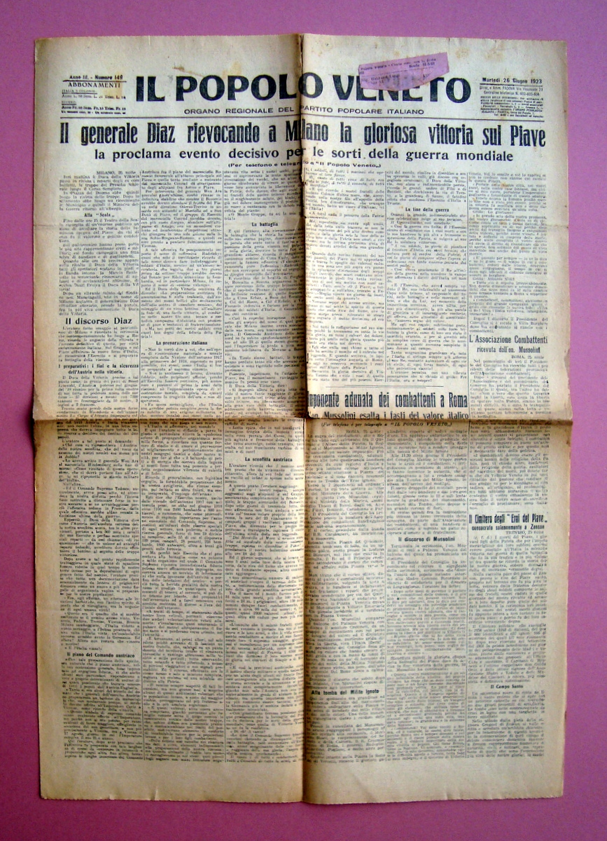 Diaz vittoria sul Piave Il Popolo Veneto 26/6/1923 La Scala …