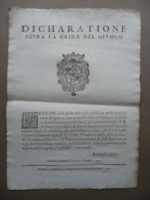 Dichiarazione Grida Gioco Permessi Tarocchi Trionfetto Modena Gadaldini 1622
