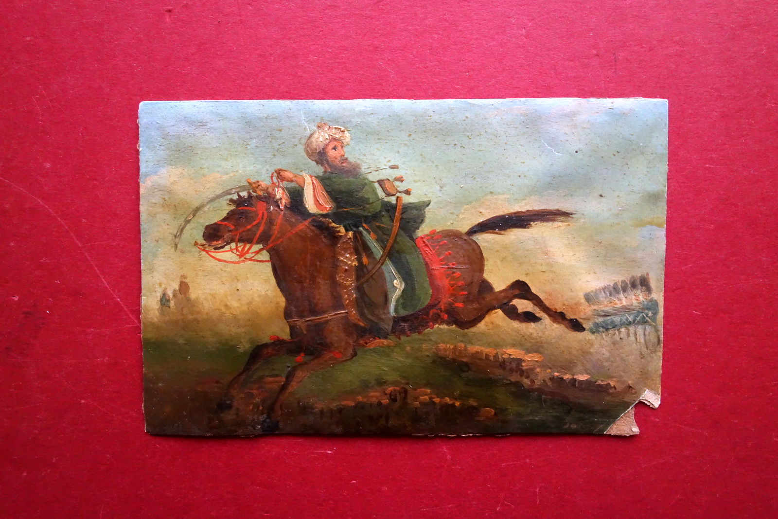 Dipinto a Olio su Cartoncino Cavalleggero Arabo(?) Battaglia Met‡ '800 …