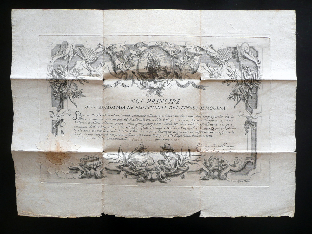 Diploma Accademia dei Fluttuanti Finale di Modena Moreali 1789 Sigillo …