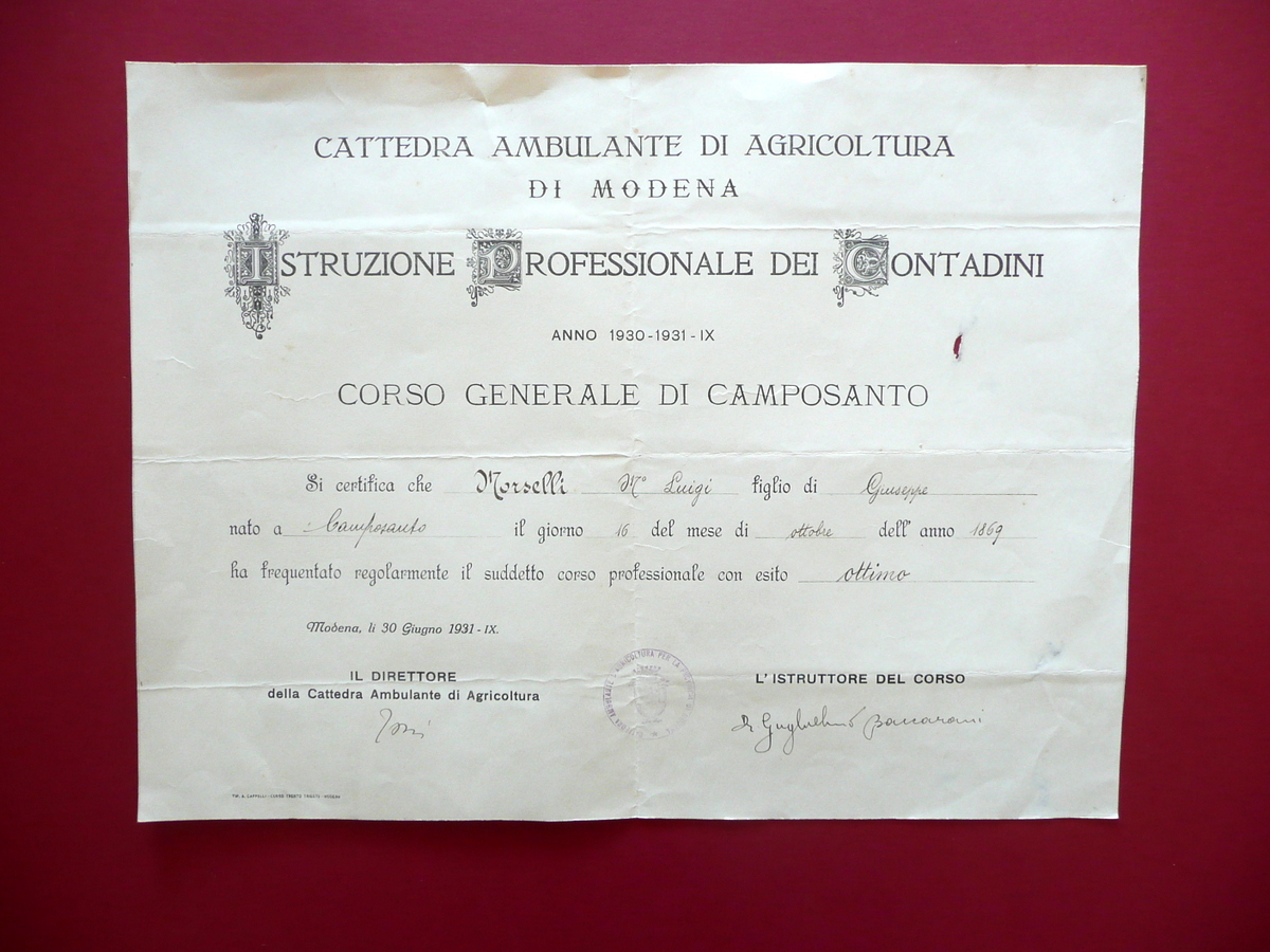 Diploma Cattedra Ambulante di Agricoltura Modena Camposanto 1930-31 Firme