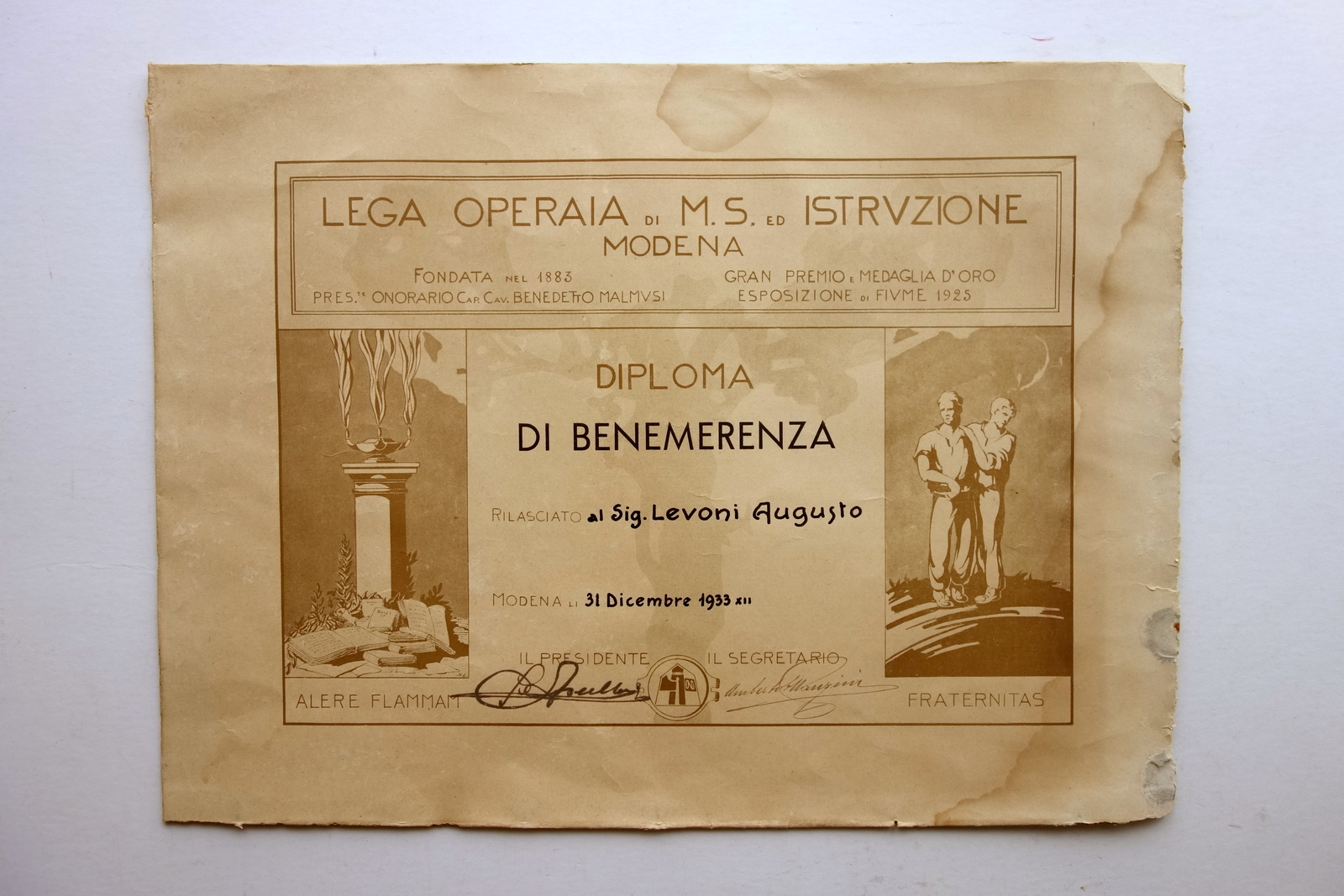 Diploma di Benemerenza Modena Lega Operaia di M.S. e Istruzione …