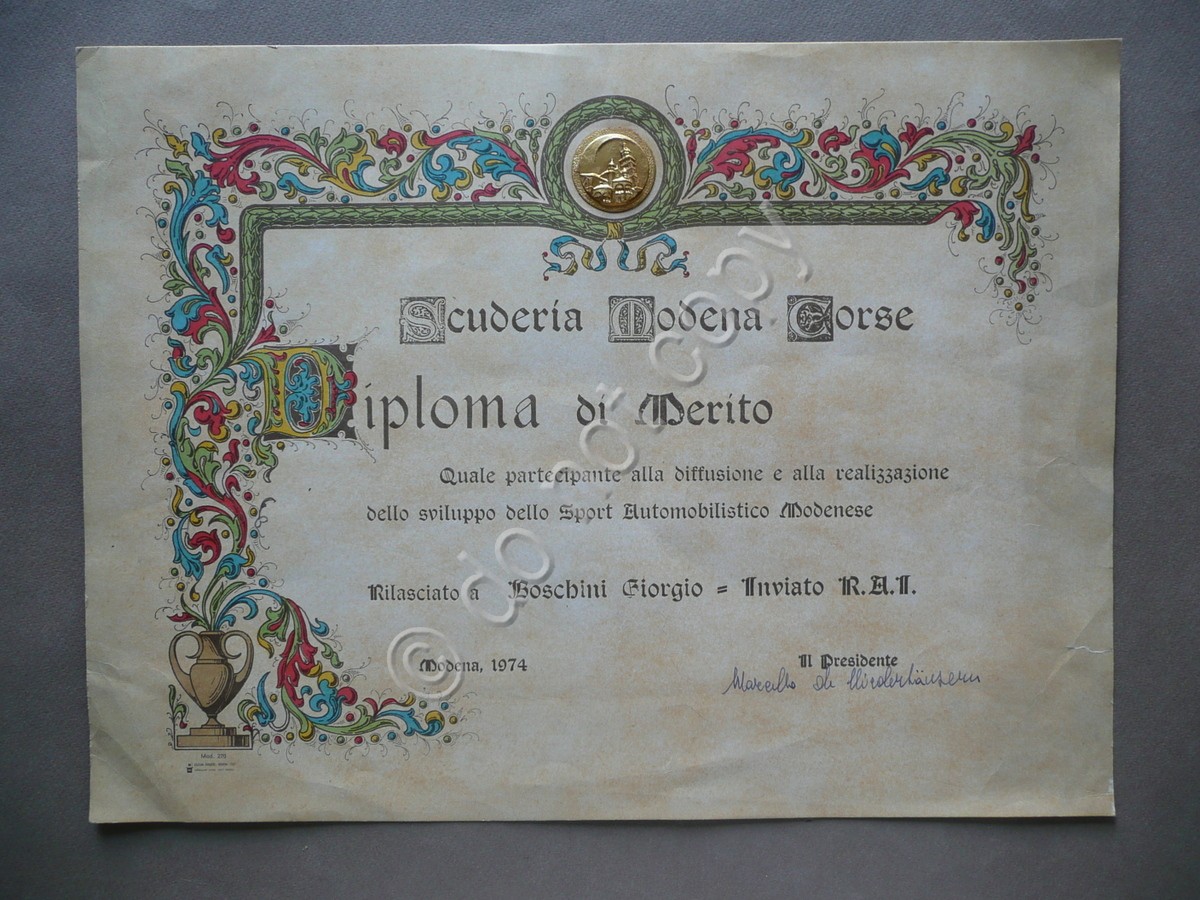Diploma di Merito Scuderia Modena Corse 1974 Automobilismo Sport Auto …