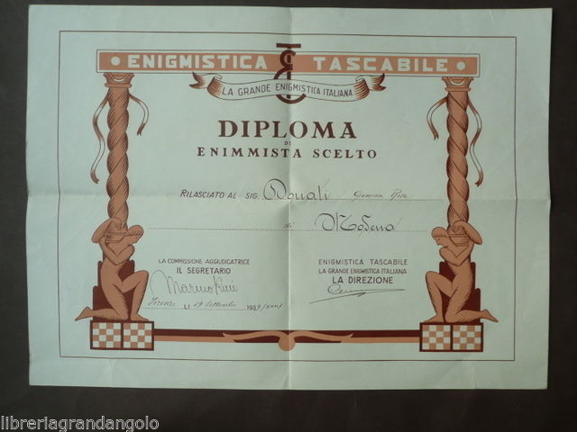 Diploma Enimmista Scelto Firenze 1939 Enigmistica Tascabile Enigmi Rebus