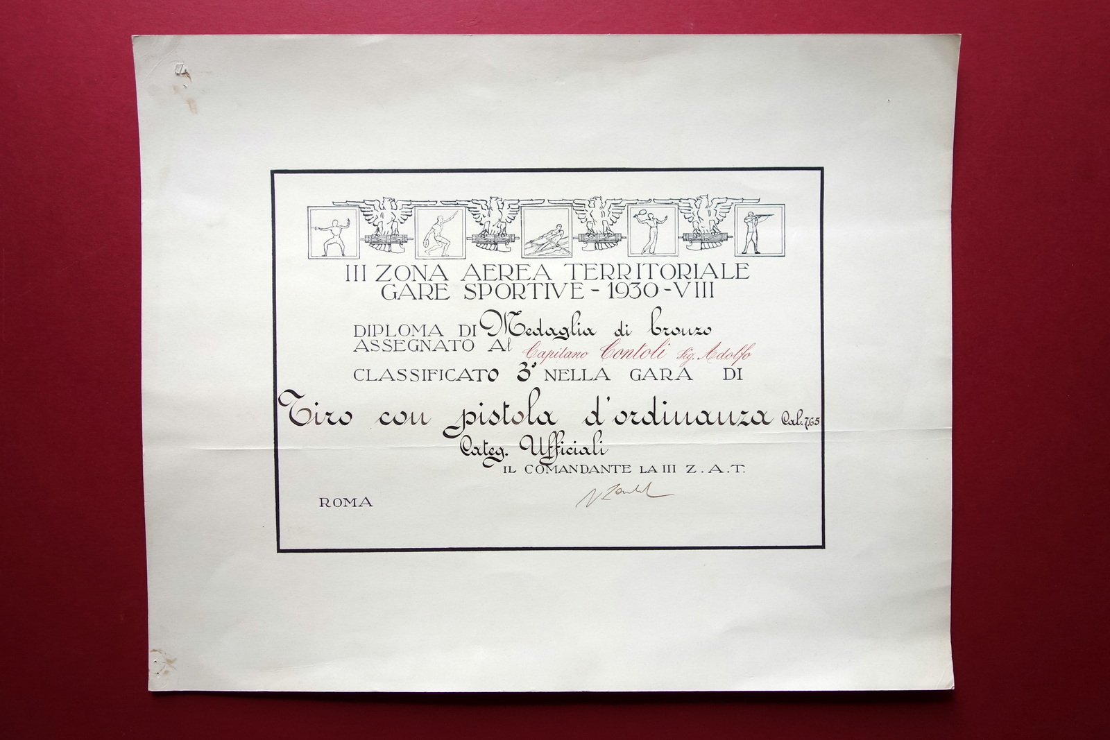 Diploma Gara di Tiro con Pistola Medaglia di Bronzo Zona …