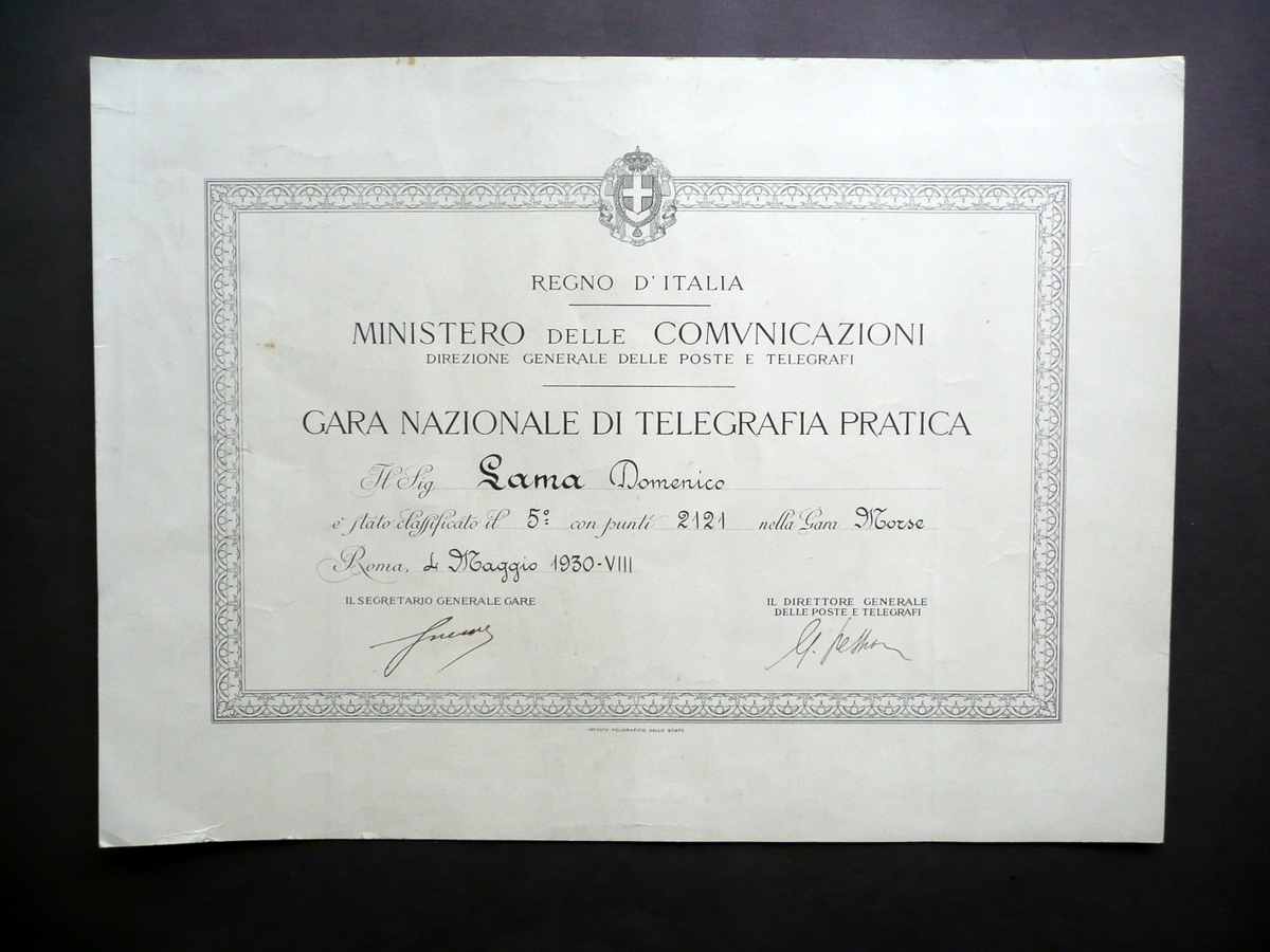 Diploma Ministero delle Comunicazioni Gara di Telegrafia Pratica Morse 1930