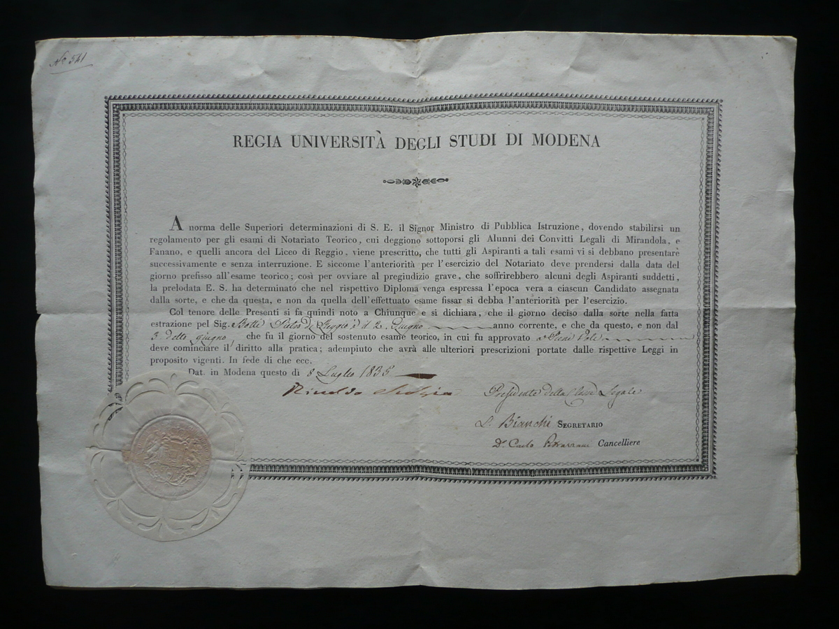 Diploma Regia Universit‡ di Modena Notariato Teorico Pietro Botti Sigillo …