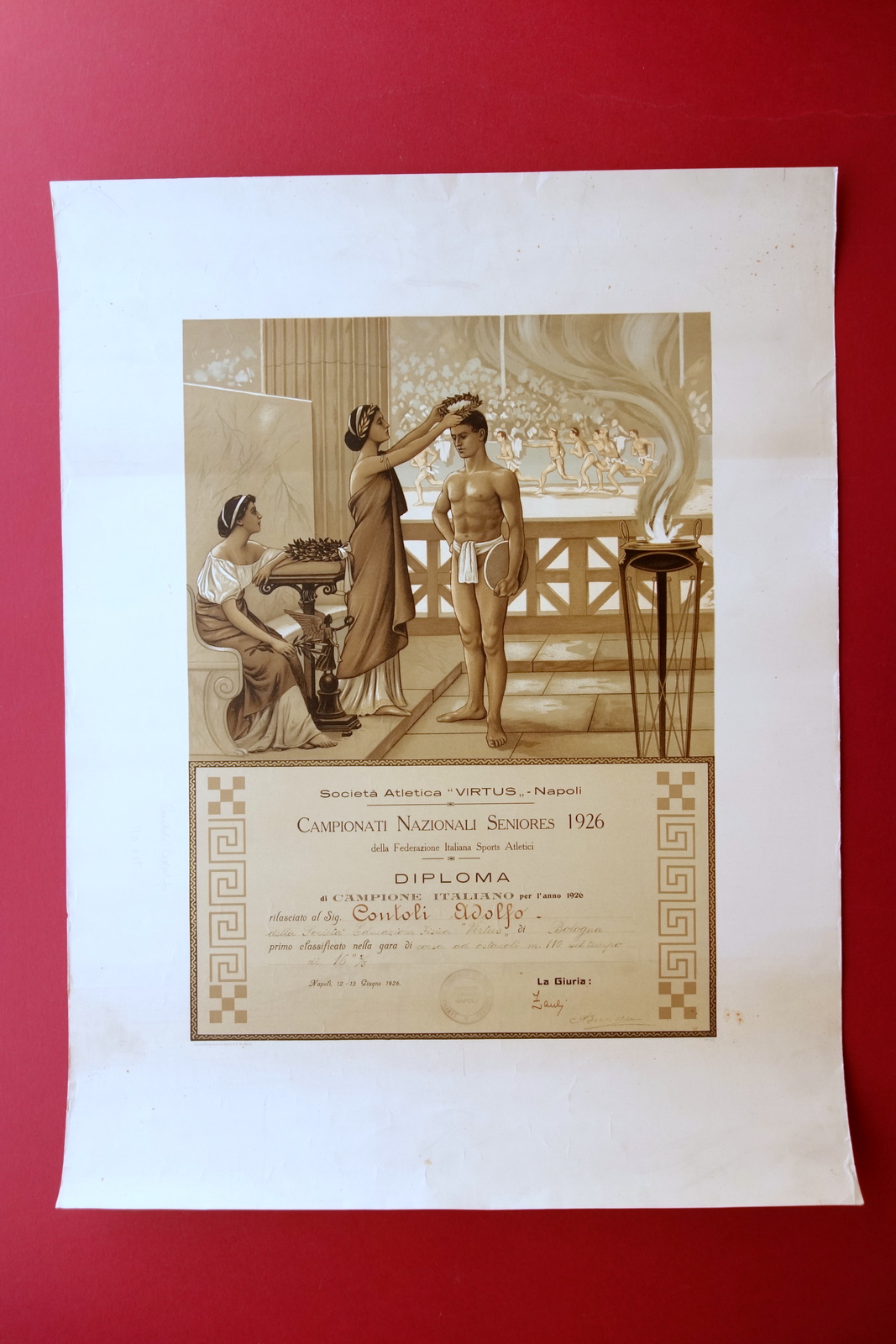 Diploma Societ‡ Atletica Virtus Napoli Campionati Seniores 1926 Contoli Grafica
