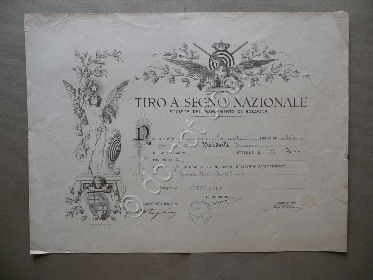 Diploma Tiro a Segno Nazionale Societ‡ del Mandamento Bologna 1900 …