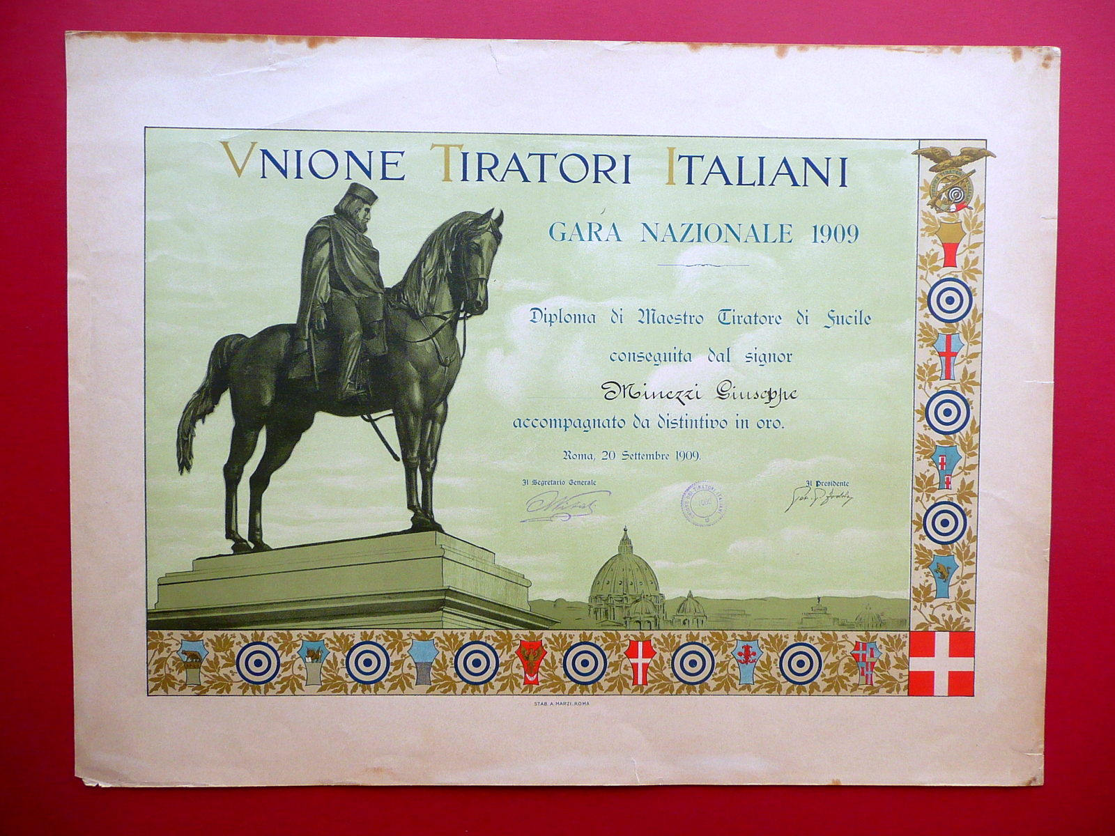 Diploma Unione Tiratori Italiani Maestro di Fucile Roma 1909 Garibaldi