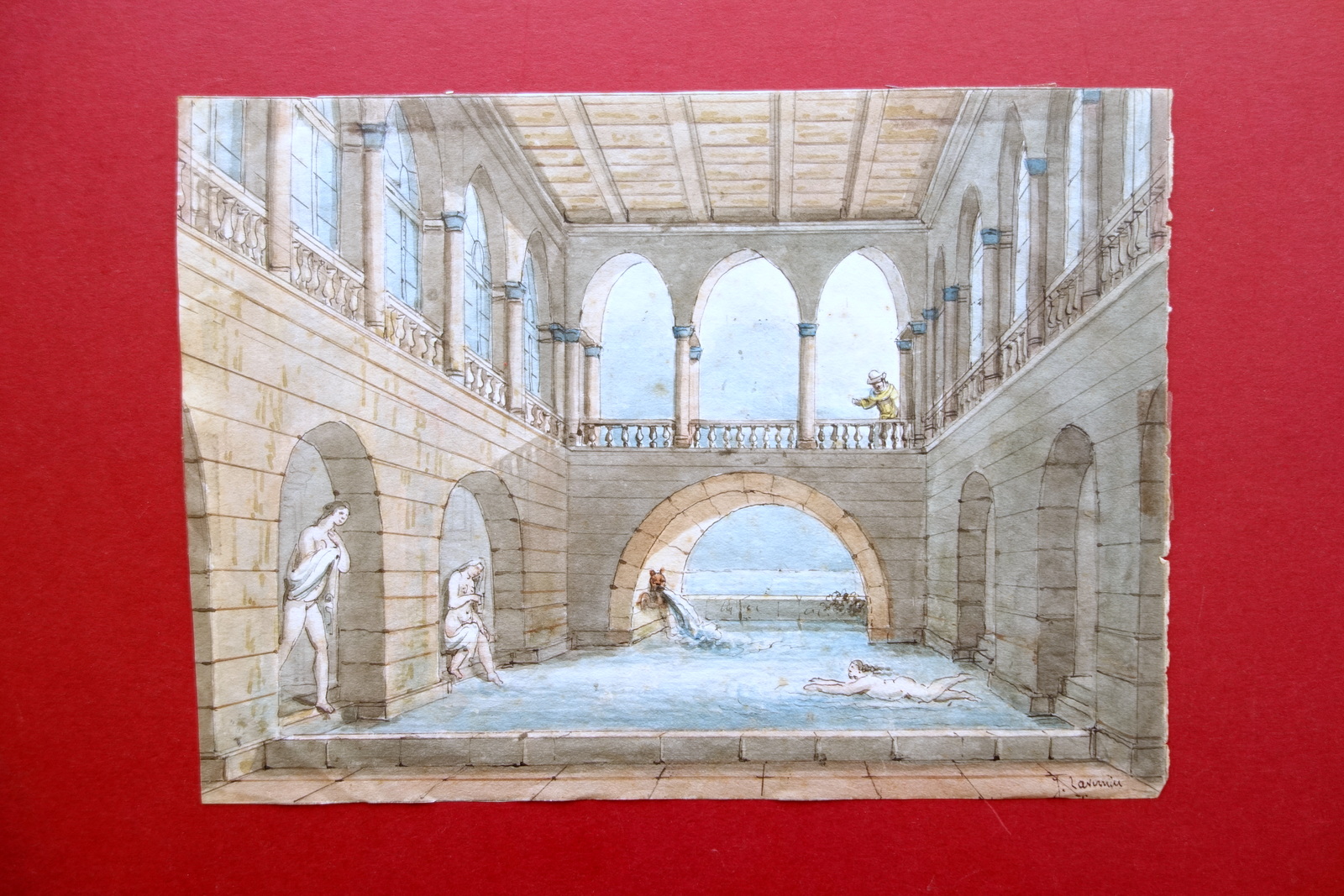 Disegno Originale Acquerello Bagno Femminile Piscina J. Tavernier Ottocento