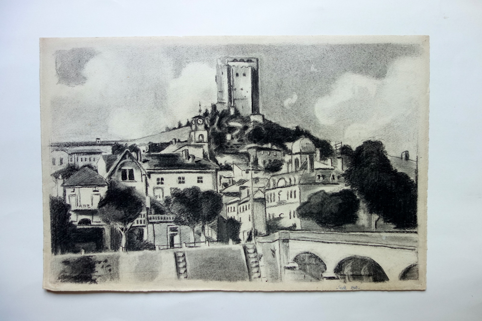 Disegno Originale Grest Veduta Cittadina 1940 Cartoncino Non Firmato