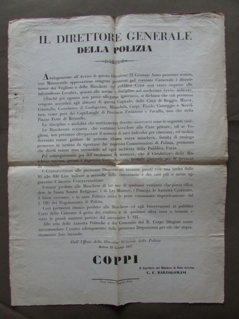 Disposizioni Polizia Feste Maschera Ordine Pubblico Soliani Modena 1857