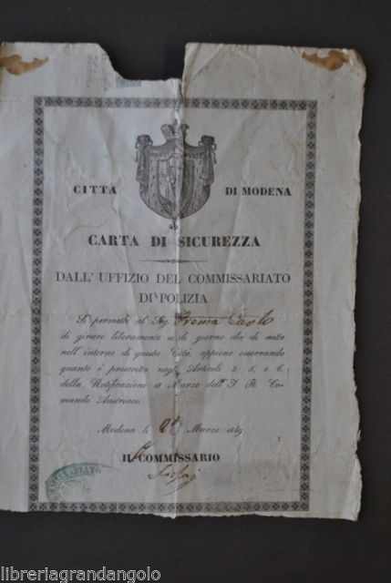 Documenti Estensi Modena Lasciapassare Permesso Carta Sicurezza Polizia 1849