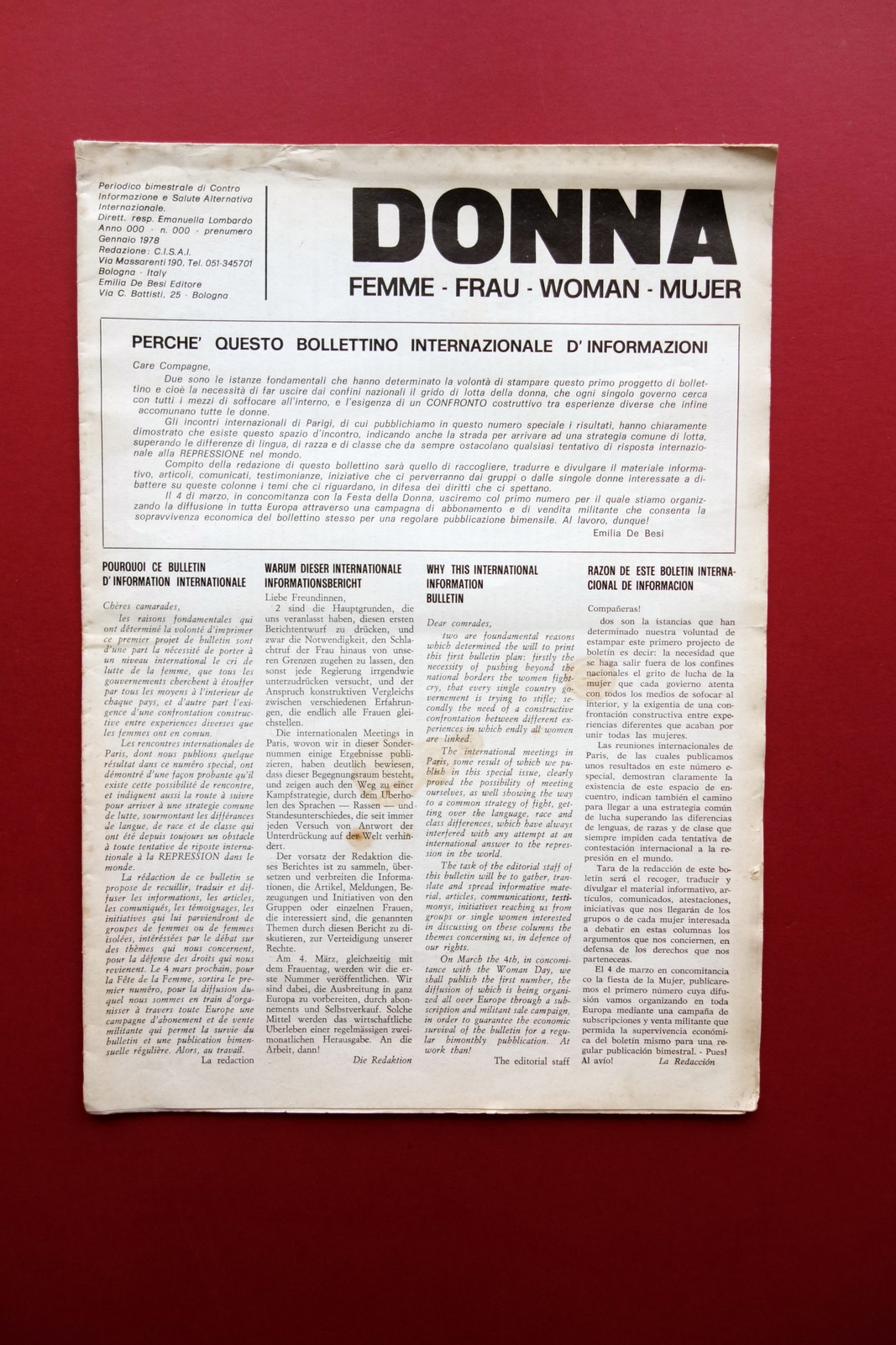 Donna Femme Frau Woman Mujer Rivista Bologna Gennaio 1978 Prenumero