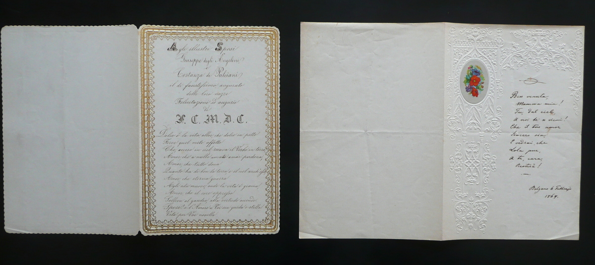 Due Biglietti Manoscritti Auguri di Nozze De Angelini Pulciani 1869 …