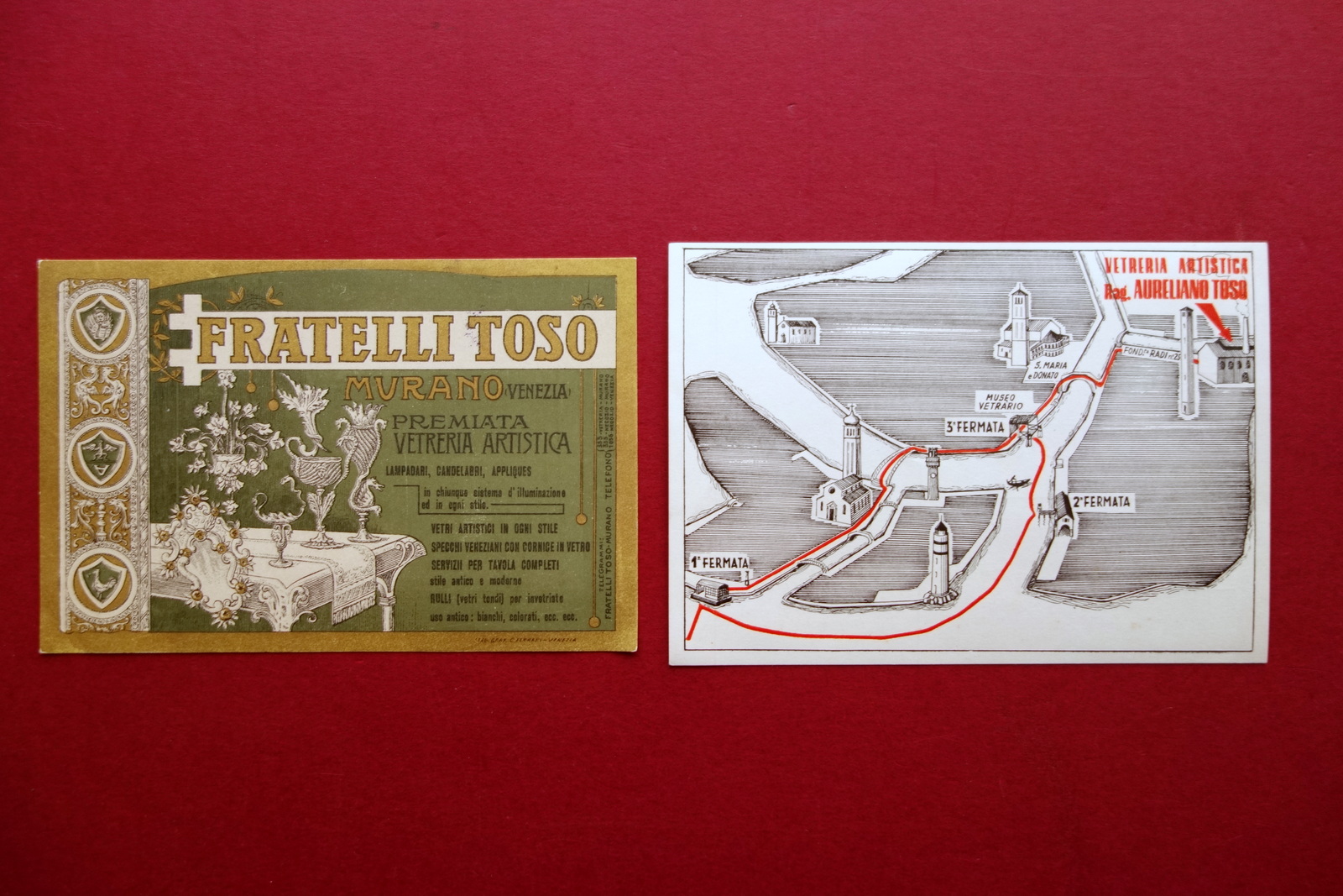 Due Cartoncini Pubblicitari Fratelli Toso Murano Venezia Vetreria Artistica