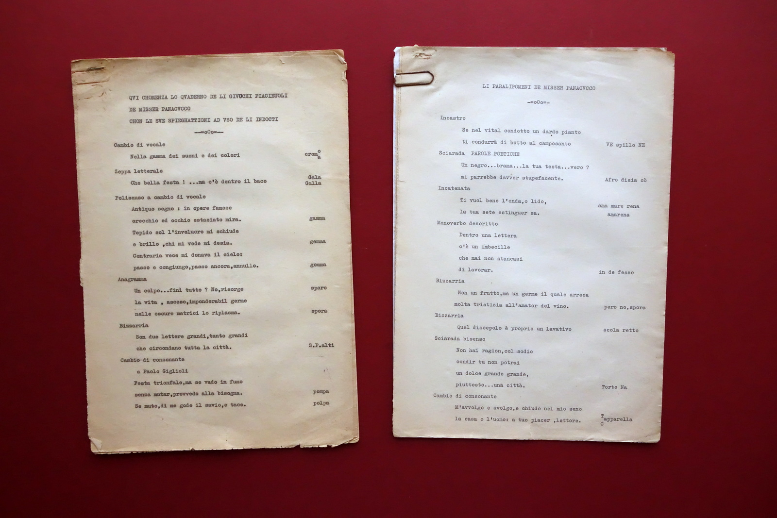 Due Dattiloscritti Messer Panacucco Giochi di Parole Paralipomeni Anni '40