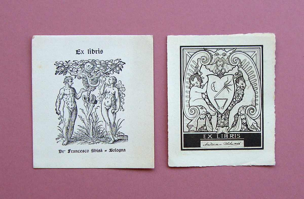 Due Ex Libris a stampa illustrati bianco e nero Andrea …