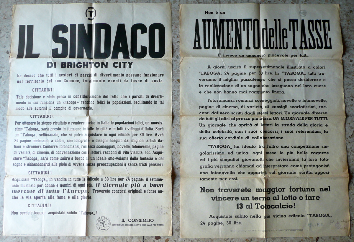 Due Manifesti Pubblicit‡ Supersettimanale Taboga Timbro Terni Questura Anni '50