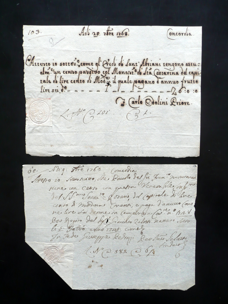 Due Manoscritti Concordia Modena Monastero S. Caterina Censo Confraternita 1763