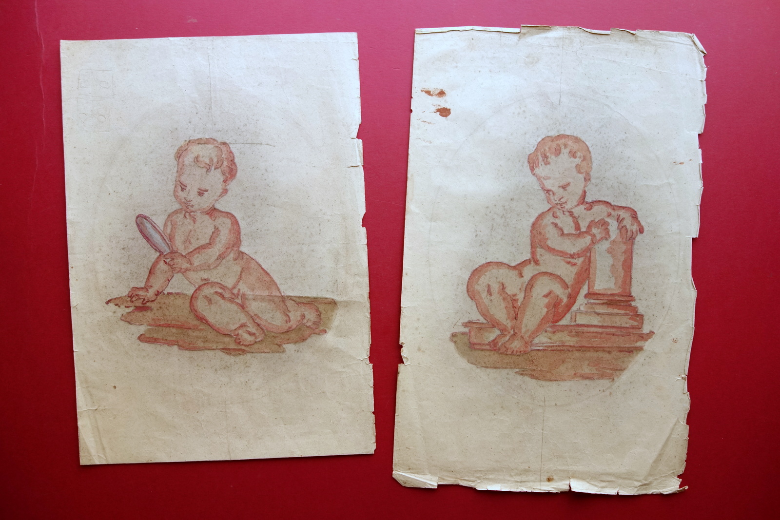 Due Putti su Carta Acquerello per Decorazioni a Parete '800 …