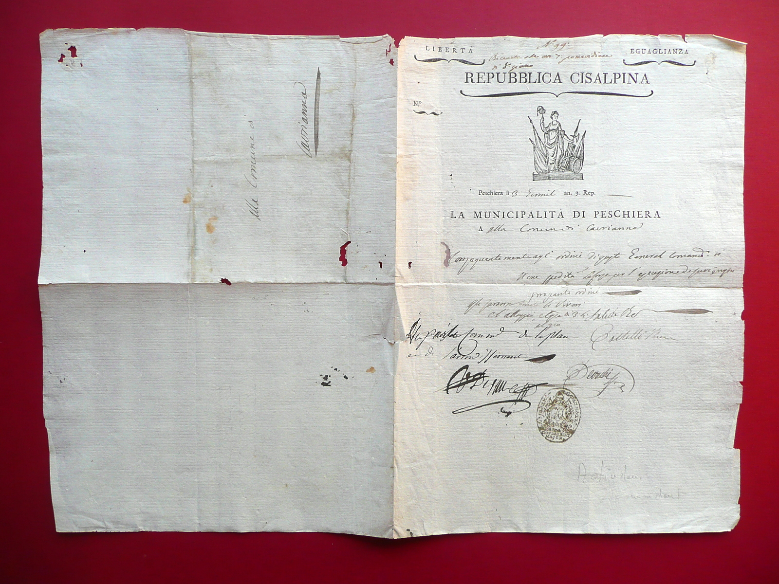 En Tete Repubblica Cisalpina Municipalit‡ di Peschiera 1801 Firme Timbro