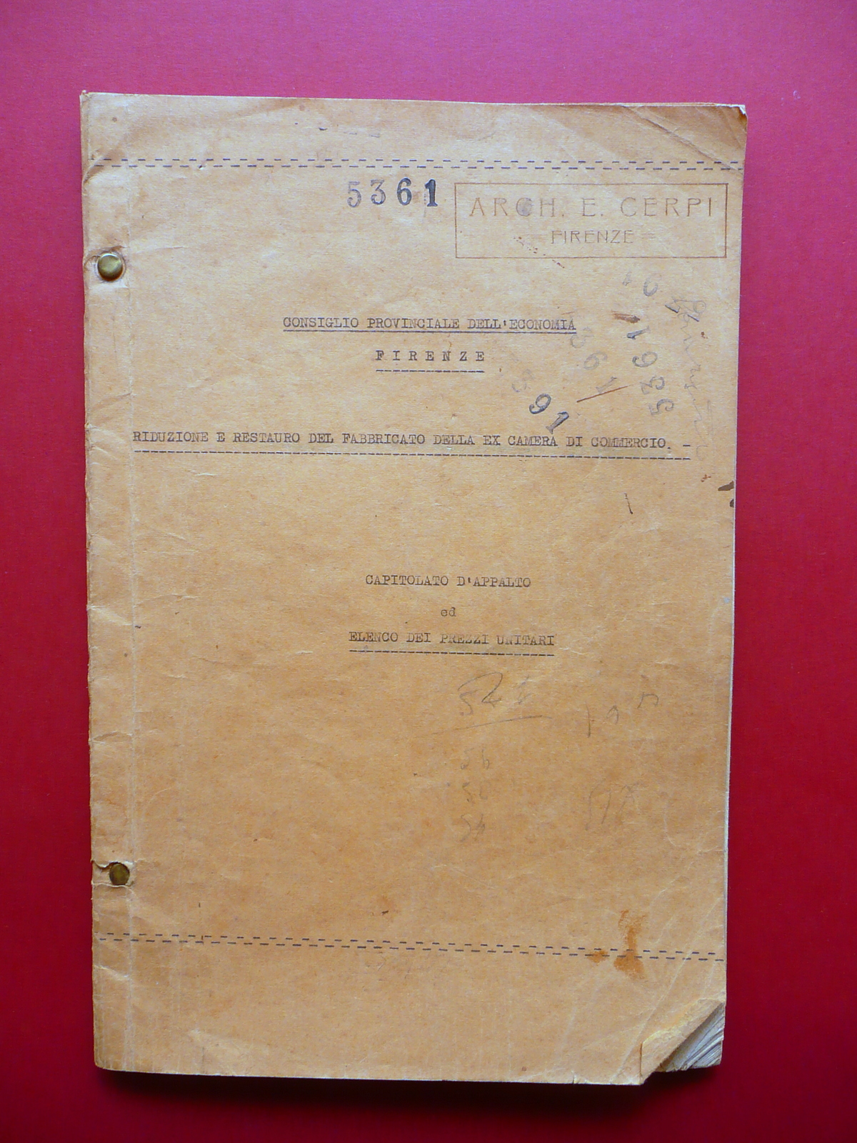 Ex Camera di Commercio Firenze Riduzione Restauro Capitolato d'Appalto 1935