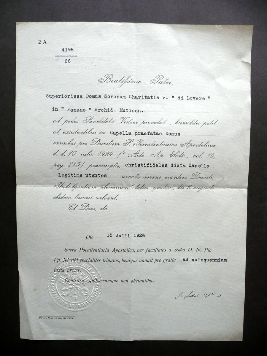 Fanano Modena Lettera Concessione Indulgenza Plenaria Domus Di Lovere 1926