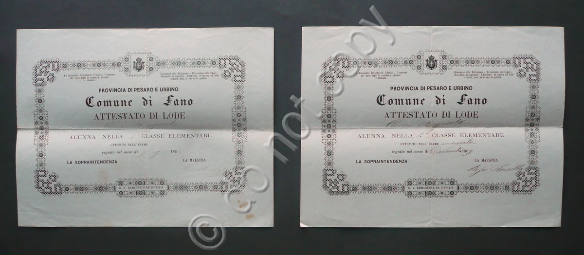 Fano Due Attestati di Lode Scuola Elementare Giugno 1868 Dicembre …