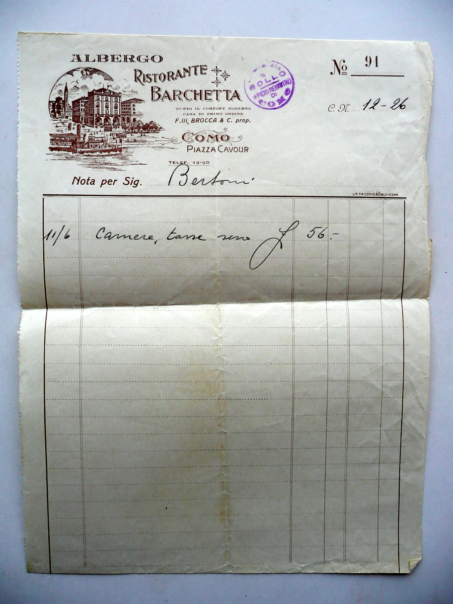 Fattura Albergo Ristorante Barchetta Fratelli Brocca Piazza Cavour Como 1926