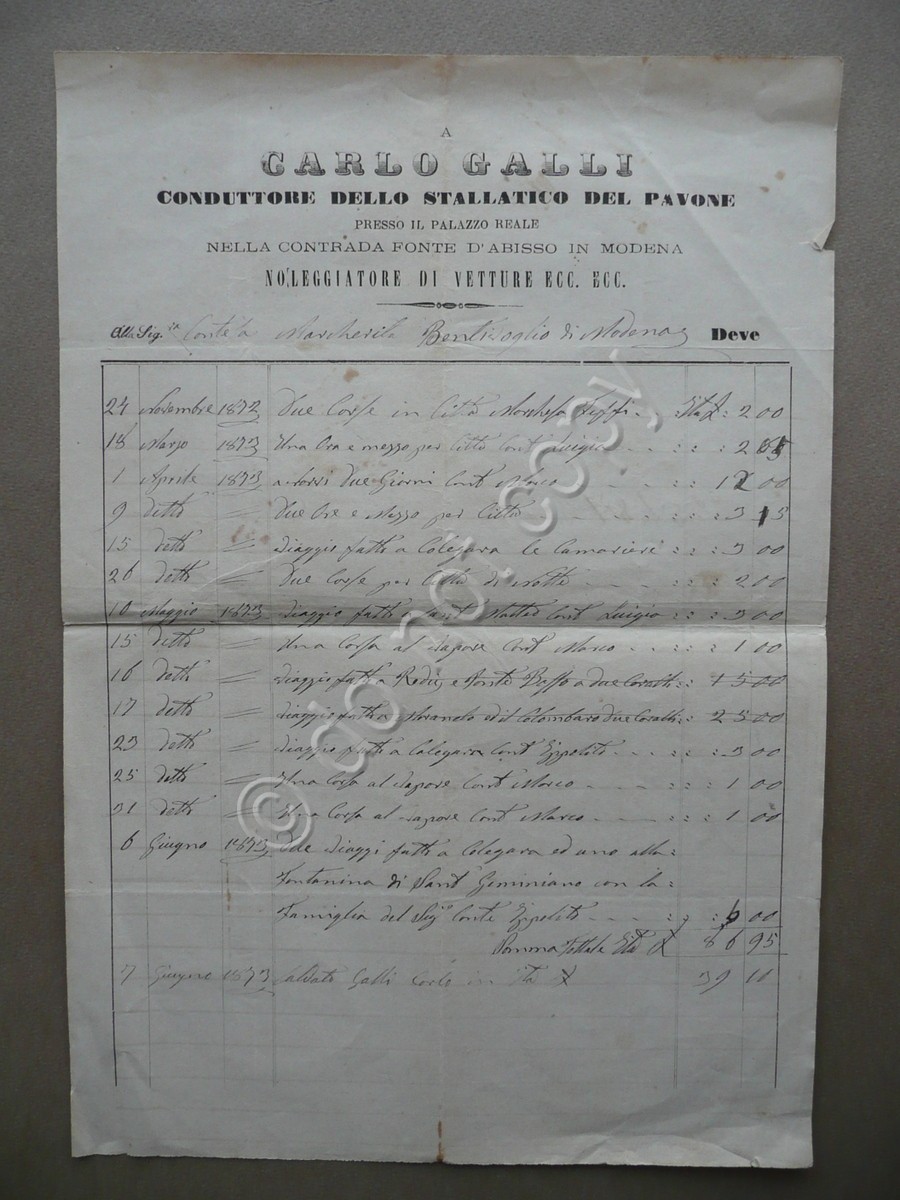 Fattura Carlo Galli Noleggio Vetture Conduttore Stallatico Pavone 1873 Modena