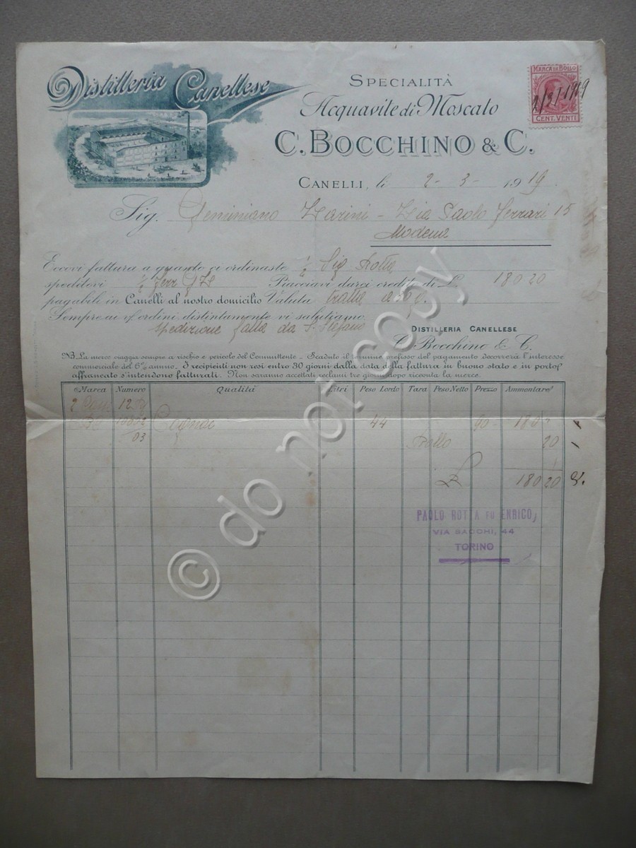 Fattura Distilleria Canelli Bocchino & C Acquavite Moscato Vini Liquori …